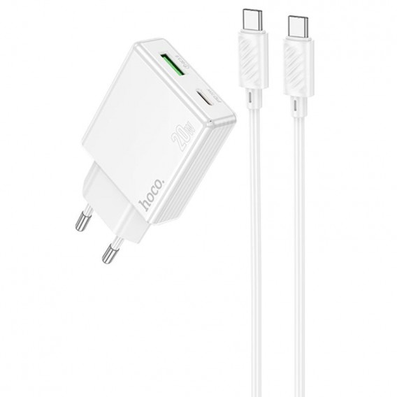 Блок живлення Hoco C142A Direct PD20W+QC3.0 (1USB-A/1C) + кабель Type-C to Type-C White