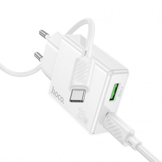 Блок живлення Hoco C142A Direct PD20W+QC3.0 (1USB-A/1C) + кабель Type-C to Type-C White
