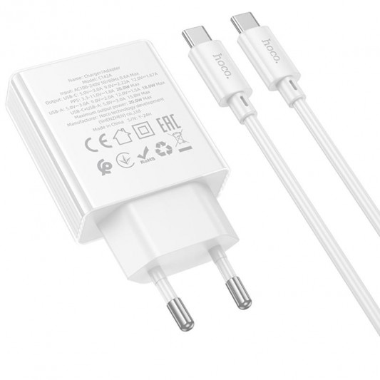 МЗП Hoco C142A Direct PD20W+QC3.0 (1USB-A/1C) + кабель Type-C to Type-C White - зображення 3 