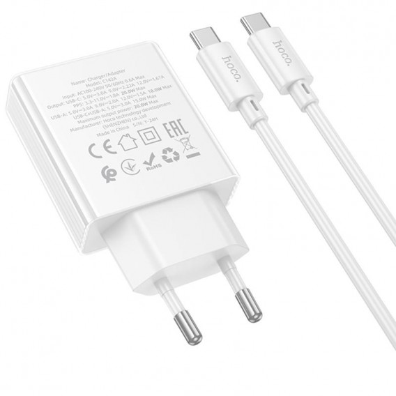 Блок живлення Hoco C142A Direct PD20W+QC3.0 (1USB-A/1C) + кабель Type-C to Type-C White