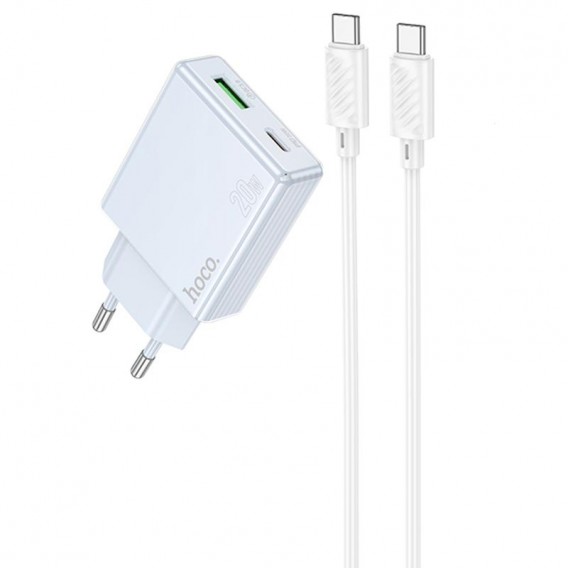Блок живлення Hoco C142A Direct PD20W+QC3.0 (1USB-A/1C) + кабель Type-C to Type-C Blue