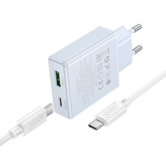 МЗП Hoco C142A Direct PD20W+QC3.0 (1USB-A/1C) + кабель Type-C to Type-C Blue - зображення 2 