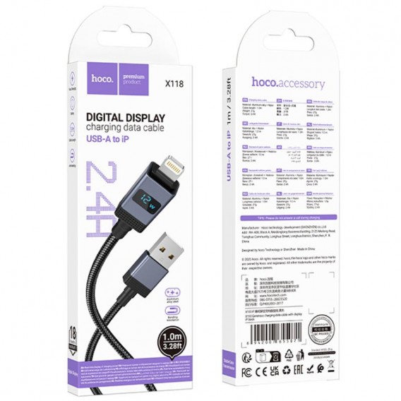 Дата кабель Hoco X118 Generic with display USB to Lightning 2.4A (1m) Black