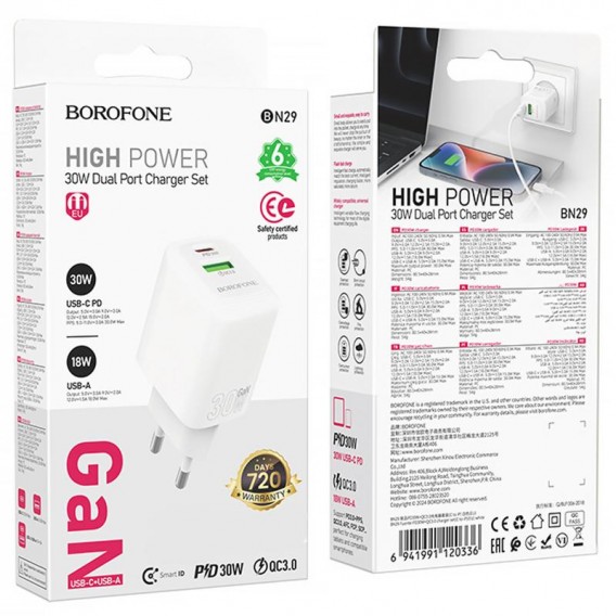 Блок живлення Borofone BN29 Fuente PD30W+QC3.0 (1USB-A/1C) White