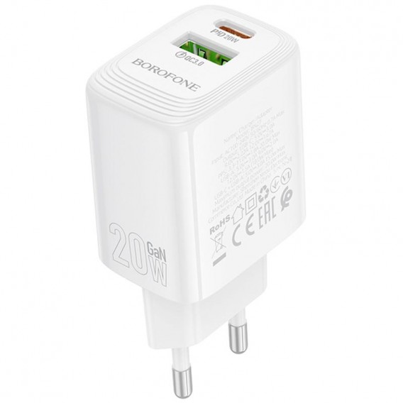 Блок живлення Borofone BN27 Fuente PD20W+QC3.0 (1USB-A/1C) White