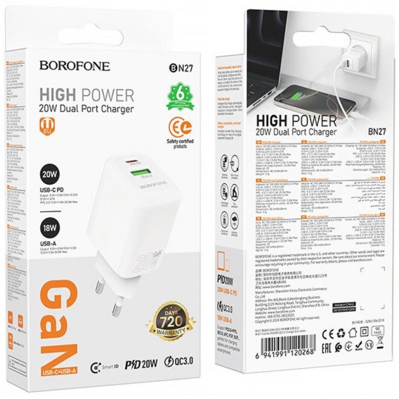 Блок живлення Borofone BN27 Fuente PD20W+QC3.0 (1USB-A/1C) White