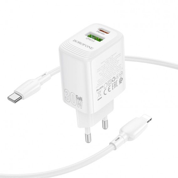 Блок живлення Borofone BN29 Fuente PD30W+QC3.0 (1USB-A/1C) + кабель Type-C to Lightning White