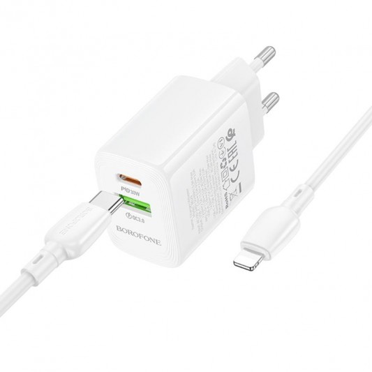 МЗП Borofone BN29 Fuente PD30W+QC3.0 (1USB-A/1C) + кабель Type-C to Lightning White - зображення 4 