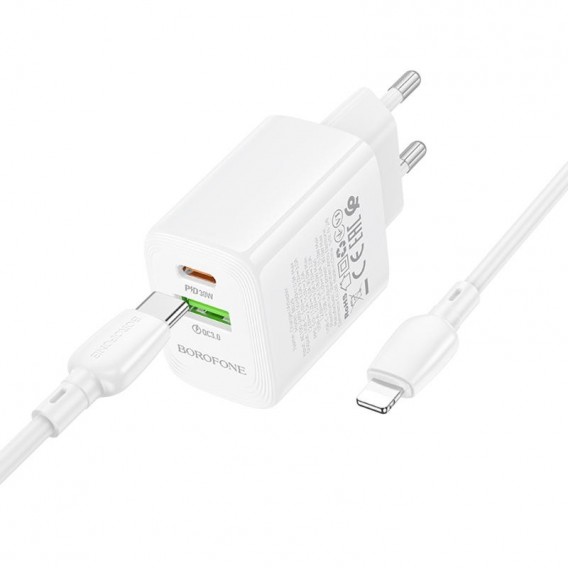 Блок живлення Borofone BN29 Fuente PD30W+QC3.0 (1USB-A/1C) + кабель Type-C to Lightning White