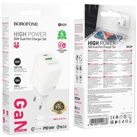 МЗП Borofone BN29 Fuente PD30W+QC3.0 (1USB-A/1C) + кабель Type-C to Lightning White - зображення 5 