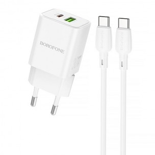 Блок питания Borofone BN14 Royal PD30W+QC3.0 (1USB-A/1C) + кабель Type-C to Type-C White