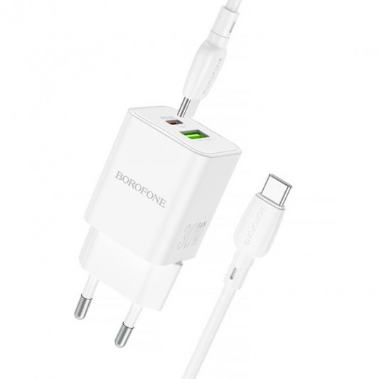 МЗП Borofone BN14 Royal PD30W+QC3.0 (1USB-A/1C) + кабель Type-C to Type-C White - зображення 1 
