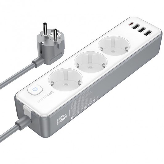 Подовжувач Borofone BAC9 Power PD20W (3USB-A/1C/3xSocket) (2m) White - зображення 2 