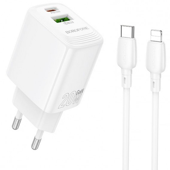 Блок питания Borofone BN27 Fuente PD20W+QC3.0 (1USB-A/1C) + кабель Type-C to Lightning White