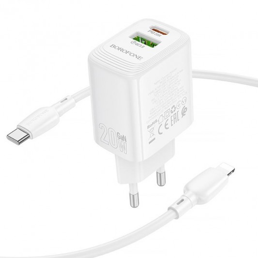 МЗП Borofone BN27 Fuente PD20W+QC3.0 (1USB-A/1C) + кабель Type-C to Lightning White - зображення 1 