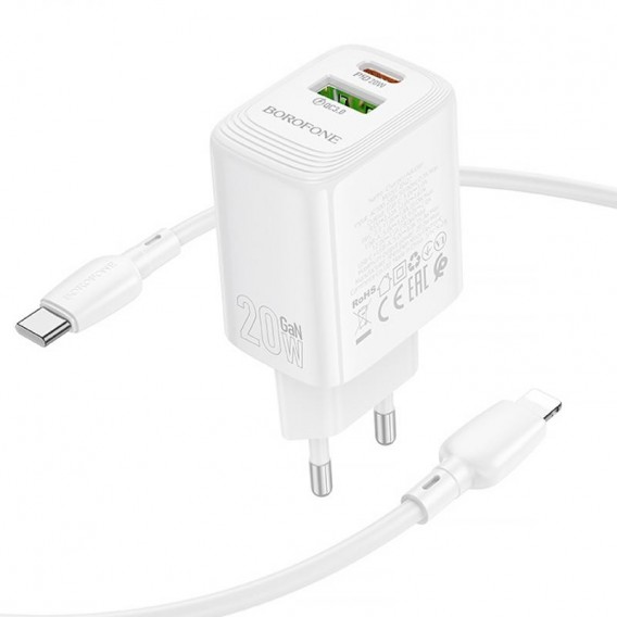 Блок питания Borofone BN27 Fuente PD20W+QC3.0 (1USB-A/1C) + кабель Type-C to Lightning White