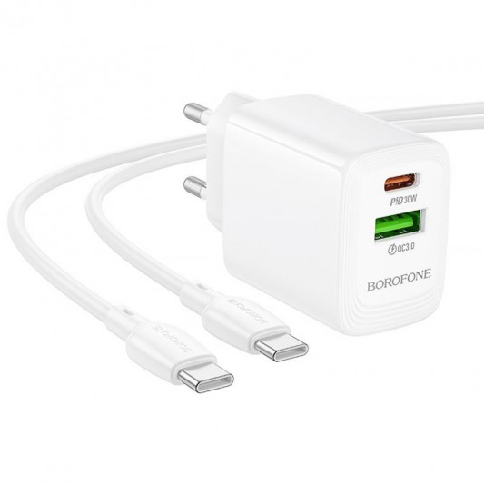 МЗП Borofone BN29 Fuente PD30W+QC3.0 (1USB-A/1C) + кабель Type-C to Type-C White - зображення 2 