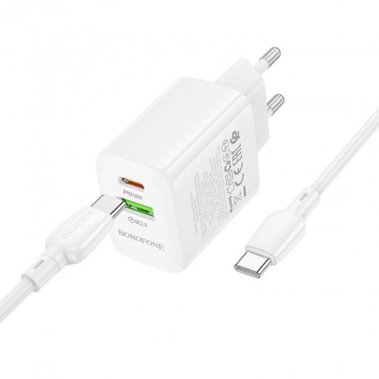 МЗП Borofone BN29 Fuente PD30W+QC3.0 (1USB-A/1C) + кабель Type-C to Type-C White - зображення 3 