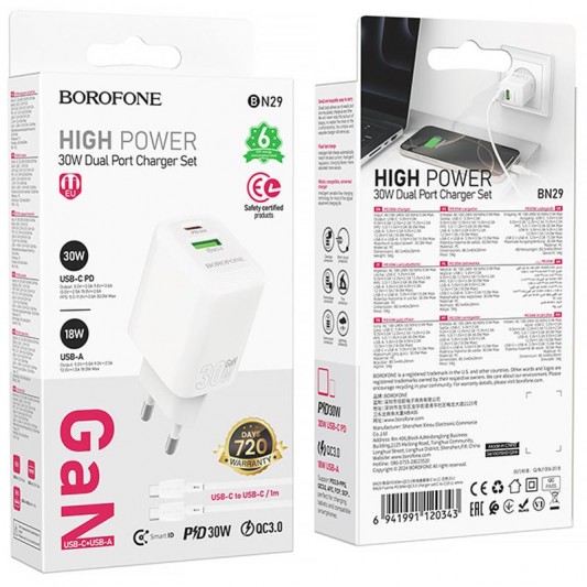 МЗП Borofone BN29 Fuente PD30W+QC3.0 (1USB-A/1C) + кабель Type-C to Type-C White - зображення 4 