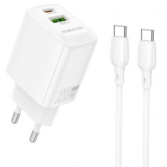 Блок живлення Borofone BN27 Fuente PD20W+QC3.0 (1USB-A/1C) + кабель Type-C to Type-C White