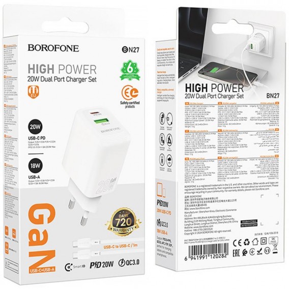Блок живлення Borofone BN27 Fuente PD20W+QC3.0 (1USB-A/1C) + кабель Type-C to Type-C White