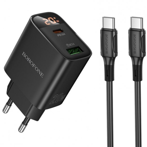 Блок живлення Borofone BA96A Ilustre with digital display PD20W+QC3.0 (1USB-A/1C) + кабель Type-C to Type-C Black