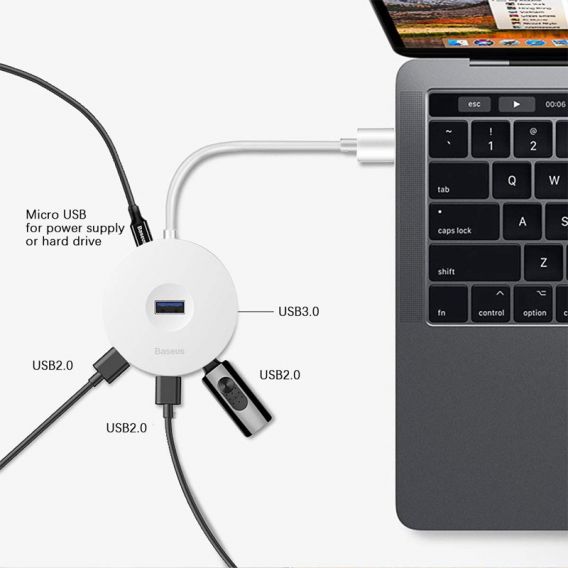 Перехідник HUB Baseus Round Box Type-C to USB 3.0 + 3USB 2.0 (CAHUB-G), Білий