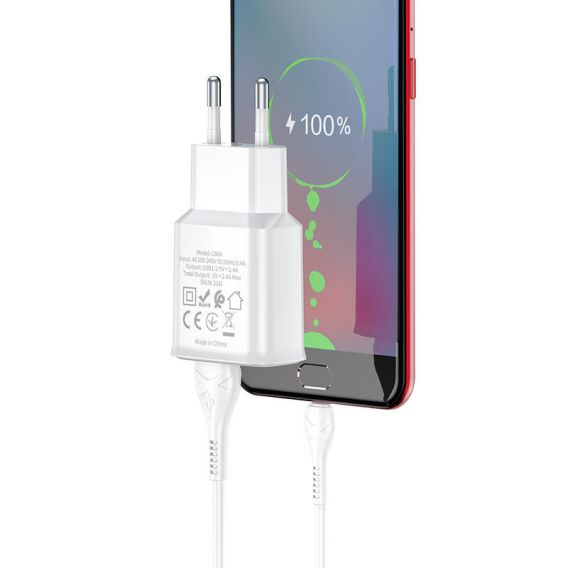 СЗУ Hoco C88A Star round 2.4A (2USB-A) + кабель USB to Type-C, Білий