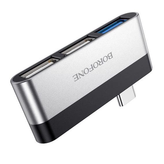 Перехідник HUB Borofone DH1 Type-C to USB 3.0 + 2xUSB 2.0, Чорний / Срібний