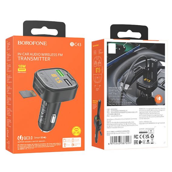 АЗУ FM модулятор Borofone BC43 Flash QC3.0, Black