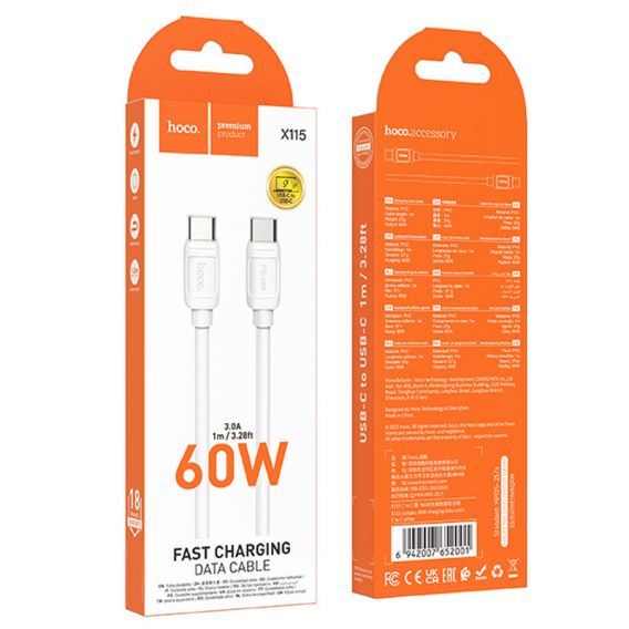 Дата кабель Hoco X115 Surpass Type-C to Type-C 60W (1m), White