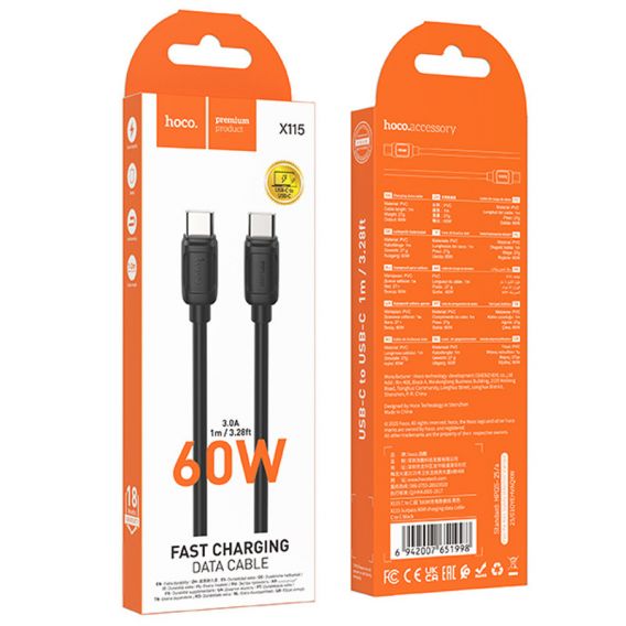 Дата кабель Hoco X115 Surpass Type-C to Type-C 60W (1m), Black