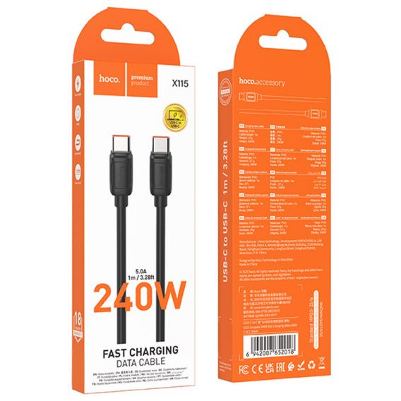 Дата кабель Hoco X115 Surpass Type-C to Type-C 240W (1m), Black