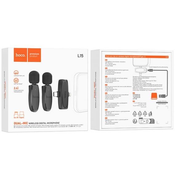 Петличний бездротовий мікрофон Hoco L15 Dual-mic clip-on wireless digital (Lightning/Type-C), Black