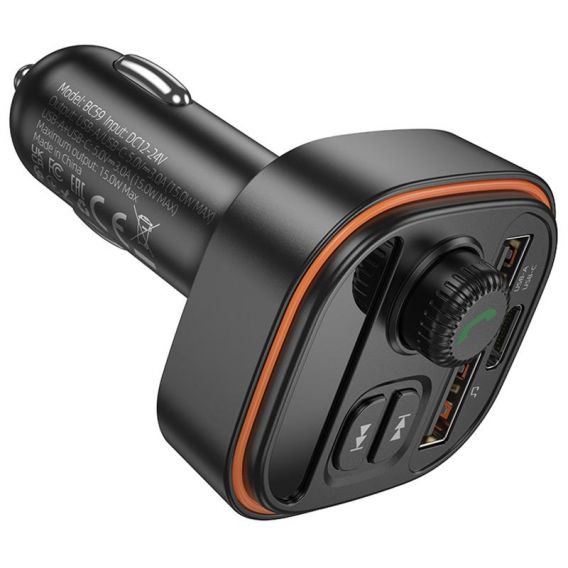 АЗУ FM модулятор Borofone BC59 Heroic (2USB-A/1C), Black