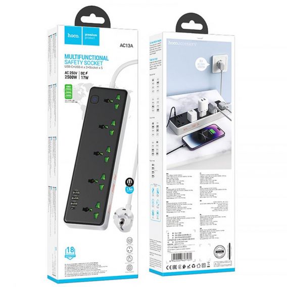 Подовжувач Hoco AC13A Safety Socket (3USB-A/1C/5xSocket) (1.5m), Black