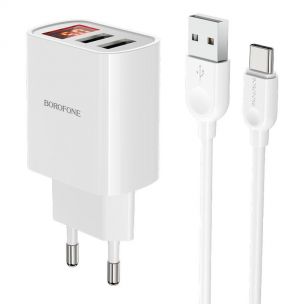 МЗП Borofone BA58A with digital display 2.4A (2USB-A) + кабель USB to Type-C White