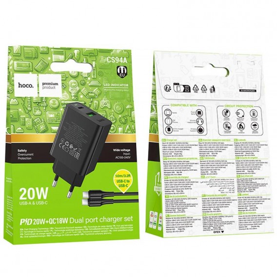МЗП Hoco CS94A Leader PD20W+QC3.0 (1USB-A/1C) + кабель Type-C to Type-C Black