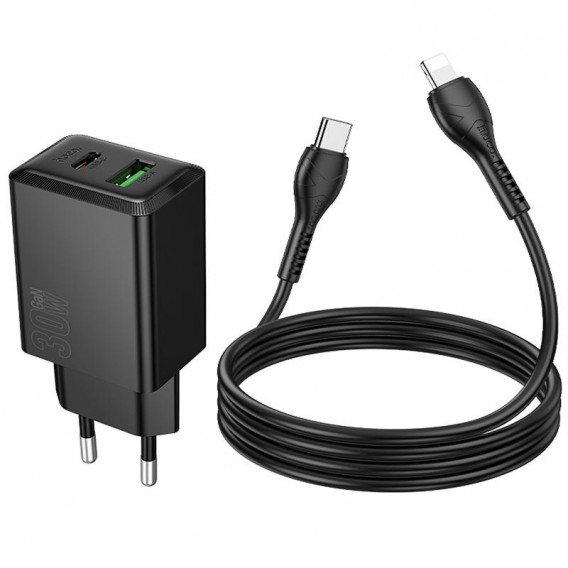МЗП Hoco N71 Nuevo PD30W+QC3.0 (1USB-A/1C) + кабель Type-C to Lightning Black