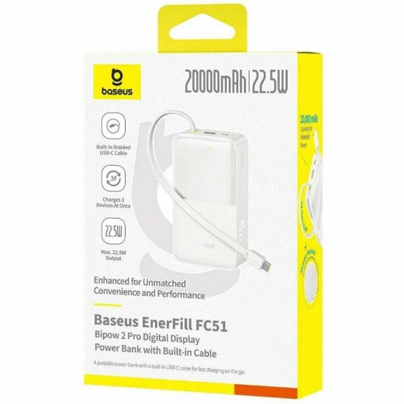 Портативний ЗП Power Bank Baseus EnerFill FC51 Bipow2 Pro 22.5W 20000 mAh (E00277) White Портативний ЗП Power Bank Baseus EnerFill FC51 Bipow2 Pro 22.5W 20000 mAh (E00277) White