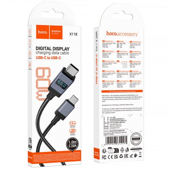 Дата кабель Hoco X118 Generous with display Type-C to Type-C 60W (1m) Black Дата кабель Hoco X118 Generous with display Type-C to Type-C 60W (1m) Black
