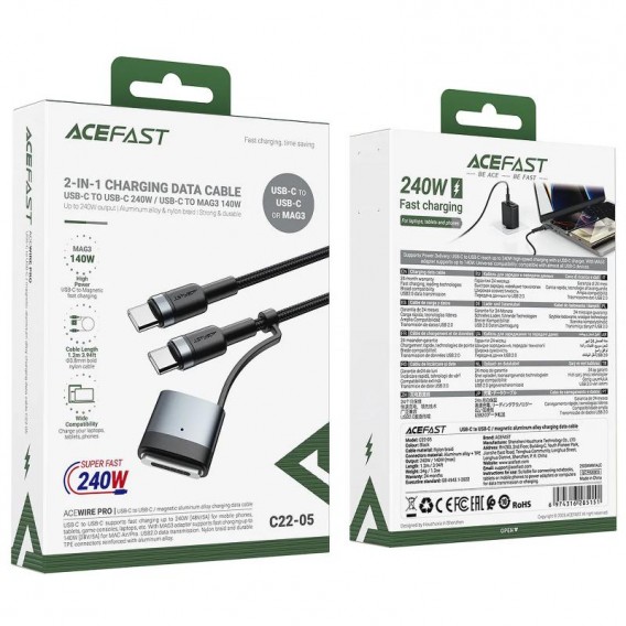 Дата кабель Acefast C22-05 2in1 Type-C to Type-C 240W/MAG3 140W (1.2m) Black Дата кабель Acefast C22-05 2in1 Type-C to Type-C 240W/MAG3 140W (1.2m) Black