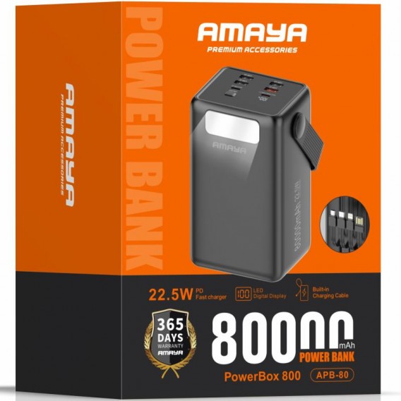 Портативний ЗП Power Bank Amaya APB-80 22.5W flashlight with cable 80000 mAh Black