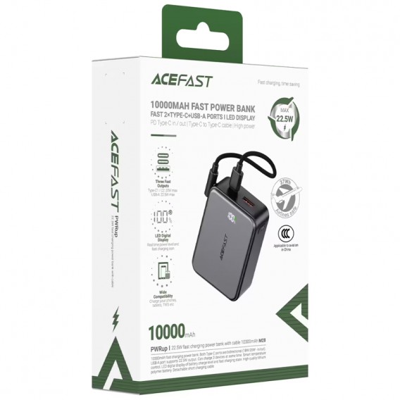Портативний ЗП Power Bank Acefast M28 22.5W with cable 10000 mAh Black