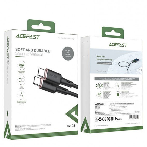 Дата кабель Acefast C2-03 USB-C to USB-C zinc alloy silicone (1.2m) Black
