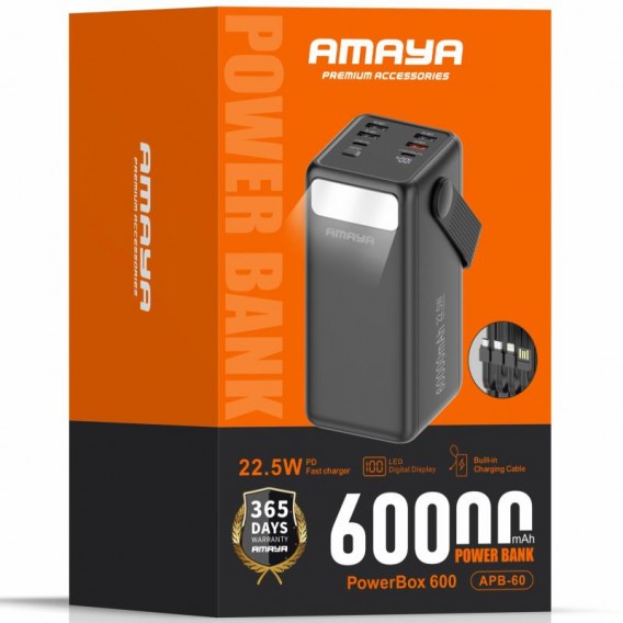Портативний ЗП Power Bank Amaya APB-60 22.5W flashlight with cable 60000 mAh Black
