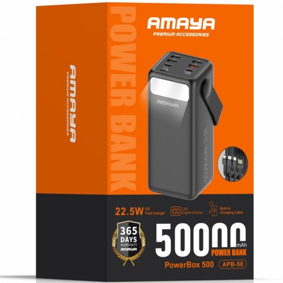 Портативний ЗП Power Bank Amaya APB-50 22.5W flashlight with cable 50000 mAh Black Портативний ЗП Power Bank Amaya APB-50 22.5W flashlight with cable 50000 mAh Black