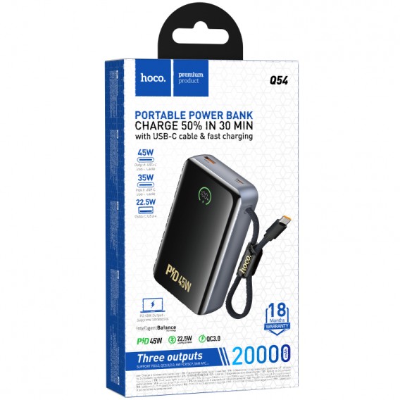 Портативний ЗП Power Bank Hoco Q54 Shine PD45W with cable 20000 mAh Metal gray Портативний ЗП Power Bank Hoco Q54 Shine PD45W with cable 20000 mAh Metal gray