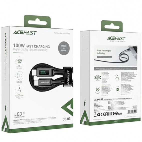 Дата кабель Acefast C6-03 USB-C to USB-C 100W zinc alloy digital display braided (2m) Black Дата кабель Acefast C6-03 USB-C to USB-C 100W zinc alloy digital display braided (2m) Black
