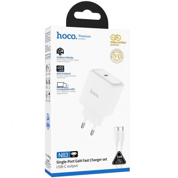 МЗП Hoco N83 Profit PD40W (1USB-C) + кабель Type-C to Type-C White МЗП Hoco N83 Profit PD40W (1USB-C) + кабель Type-C to Type-C White